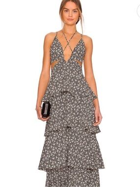 Line & Dot Black and White Crisscross Tiered Maxi Dress